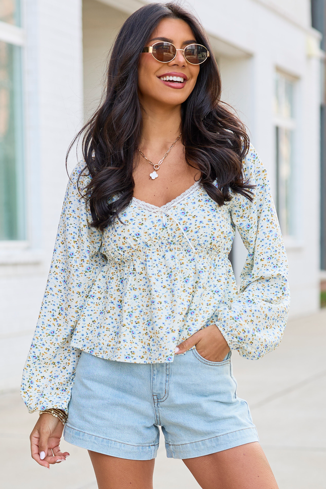 Kileigh Blue Floral Long Sleeve Babydoll Top SALE FINAL SALE