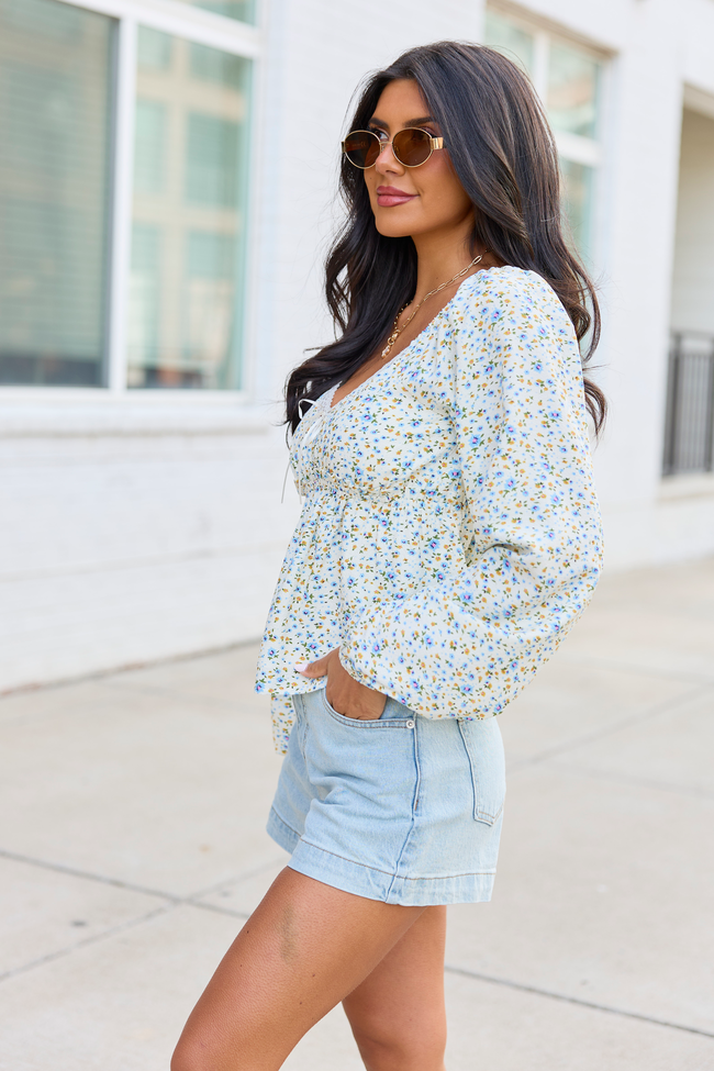 Kileigh Blue Floral Long Sleeve Babydoll Top SALE FINAL SALE