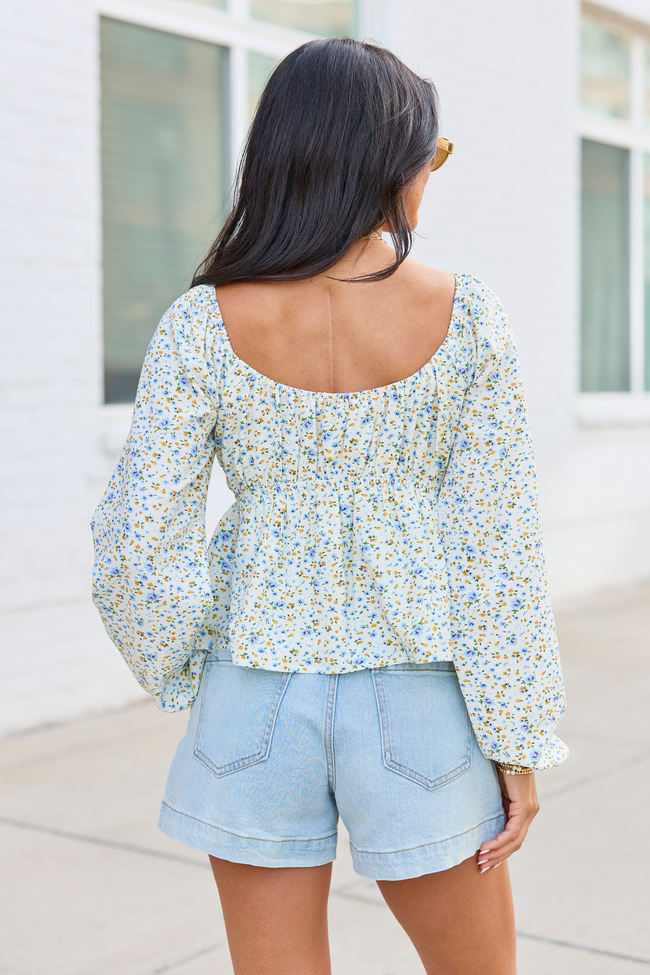 Kileigh Blue Floral Long Sleeve Babydoll Top SALE FINAL SALE