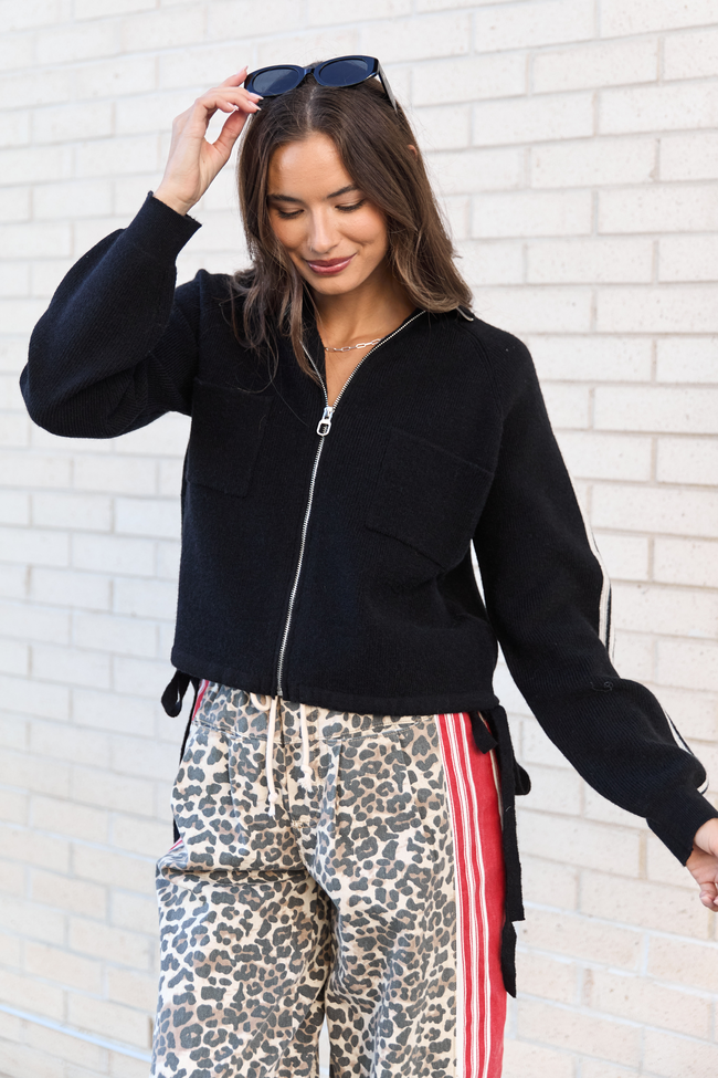 Kimmy Black with Ivory Stripes Full Zip Sweater FINAL SALE