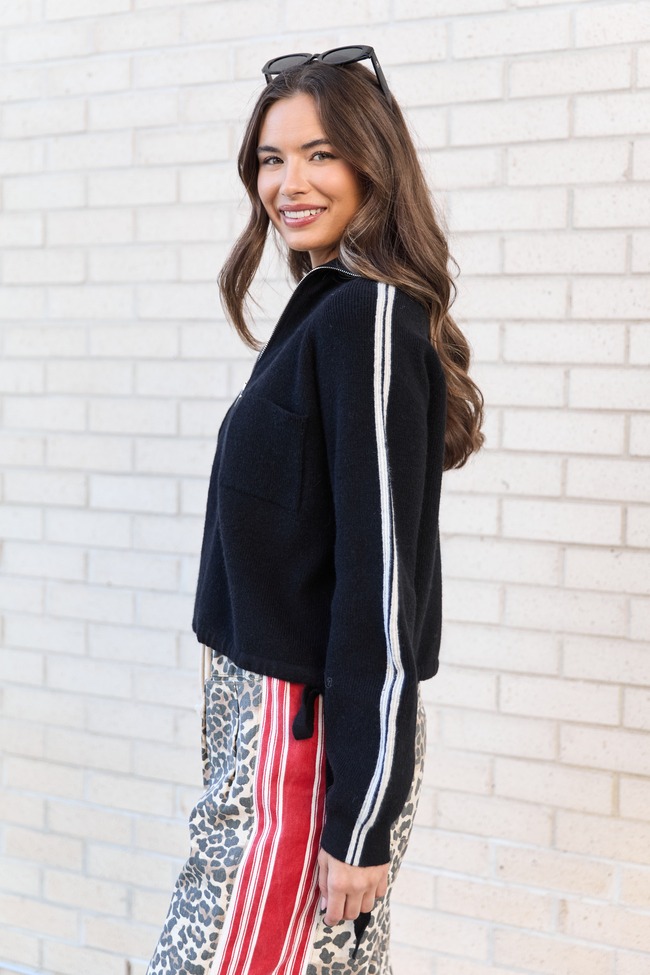 Kimmy Black with Ivory Stripes Full Zip Sweater FINAL SALE