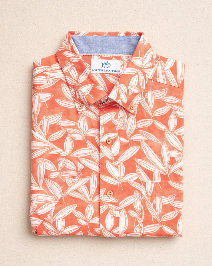 The front view of the Southern Tide Kokomo Row Linen Rayon Short Sleeve Sport Shirt by Southern Tide - Orange Blossom