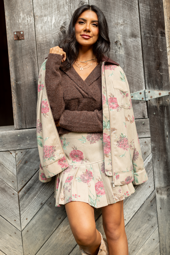Lana Brown Floral Pleated Skirt FINAL SALE