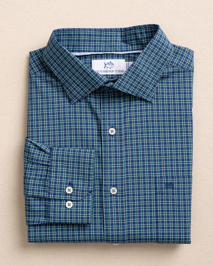 The front view of the Southern Tide Lanier Plaid Charleston Sport Shirt by Southern Tide - Nautical Blue