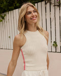 The lifestyle view of the Southern Tide Layla Contrast Border Sweater Tank by Southern Tide - Sand White