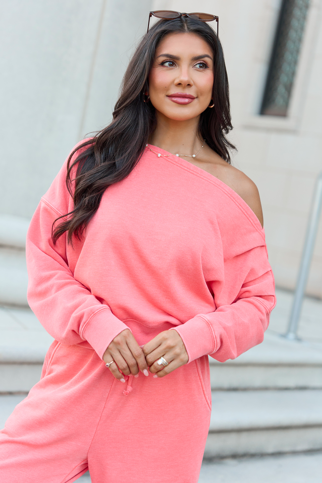 Learn As You Go Coral Off The Shoulder Sweatshirt