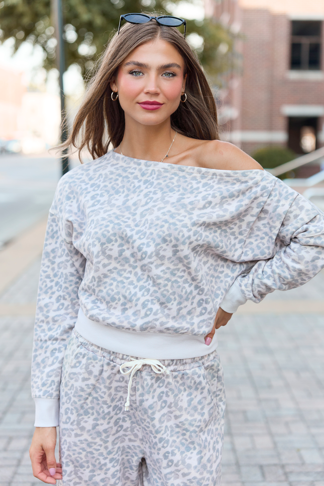 Learn As You Go Leopard Off The Shoulder Fleece Sweatshirt