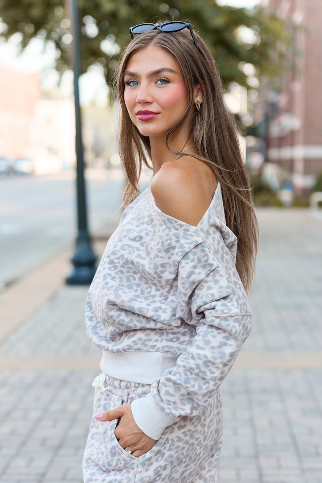 Learn As You Go Leopard Off The Shoulder Fleece Sweatshirt