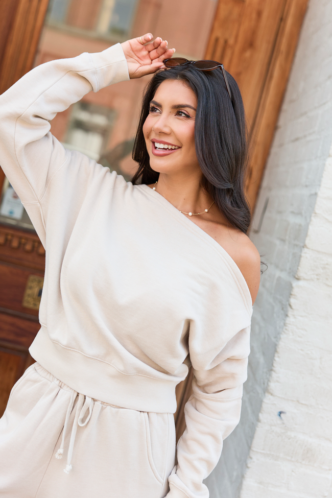 Learn As You Go Taupe Off The Shoulder Sweatshirt
