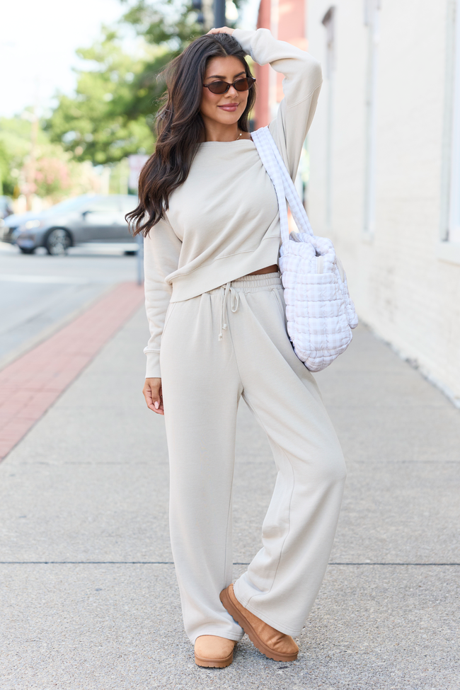 Learn As You Go Taupe Off The Shoulder Sweatshirt