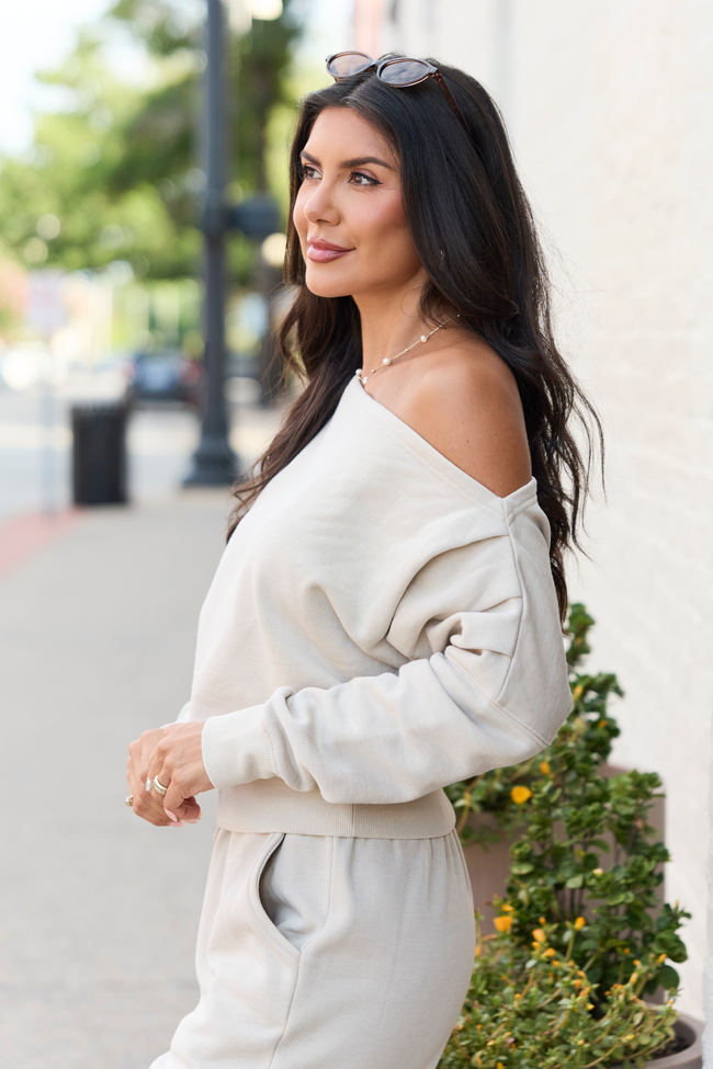 Learn As You Go Taupe Off The Shoulder Sweatshirt
