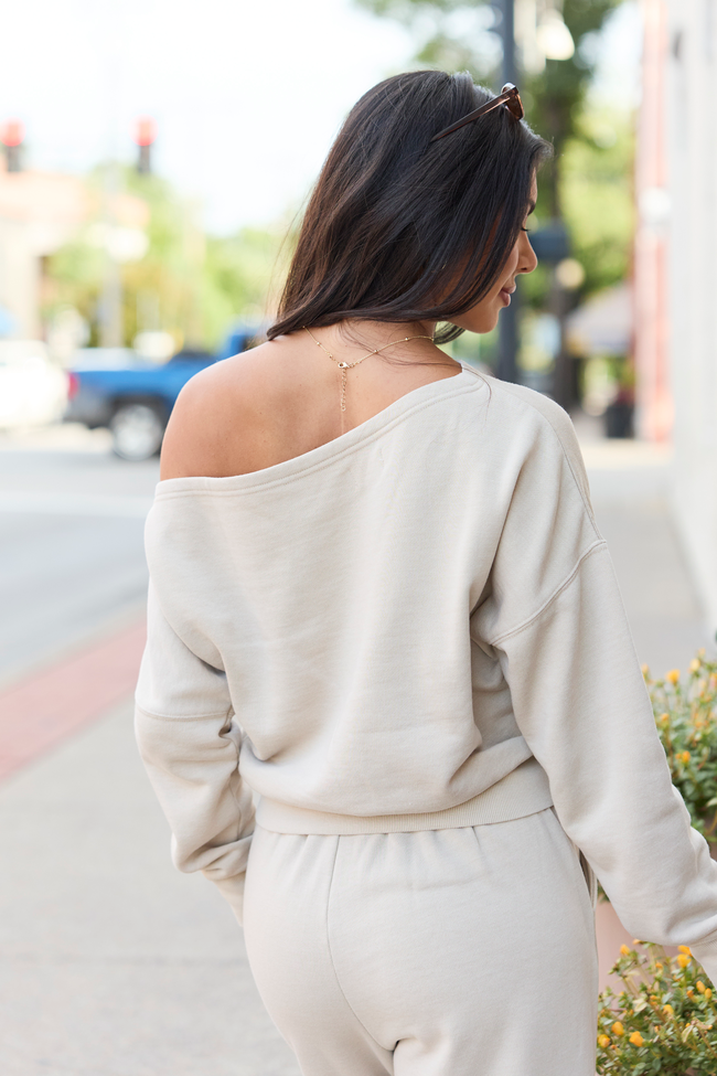 Learn As You Go Taupe Off The Shoulder Sweatshirt