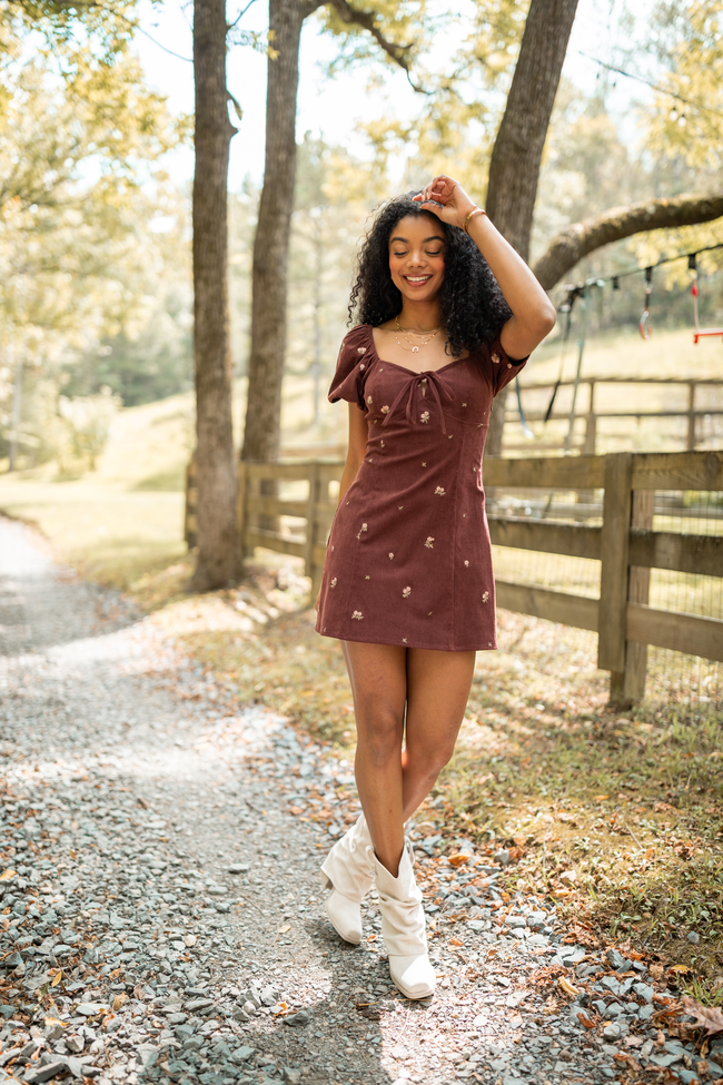 Leigh Brown Floral Embroidered Mini Dress FINAL SALE