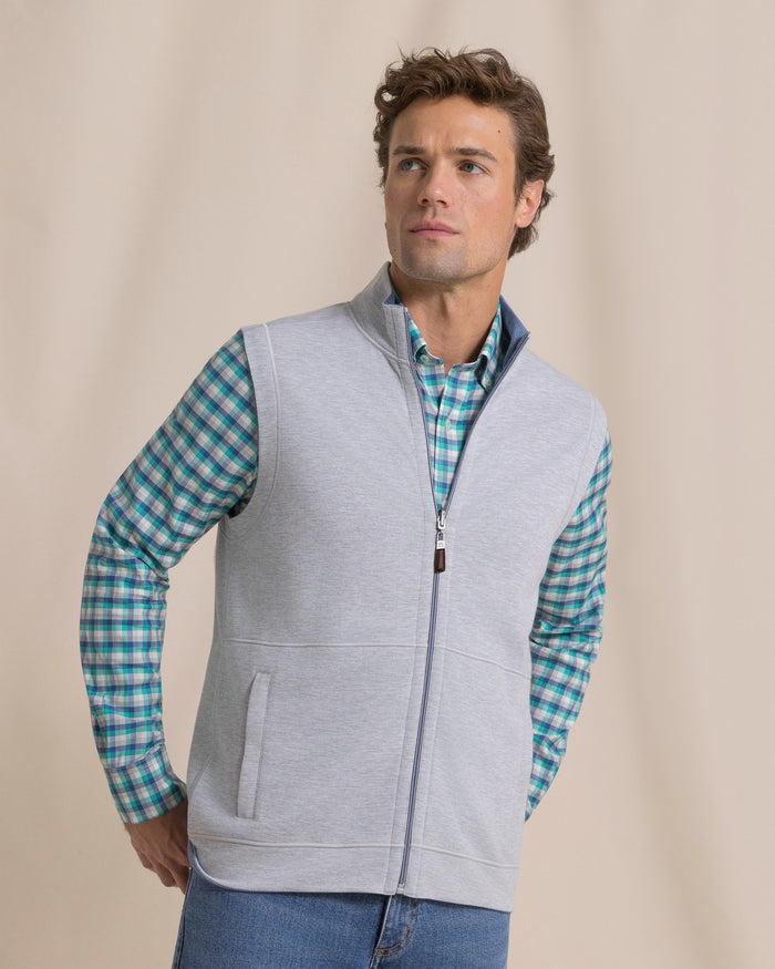 The front view of the Southern Tide Lightweight Knit Heather Reversible Vest by Southern Tide - Heather Anchor Grey