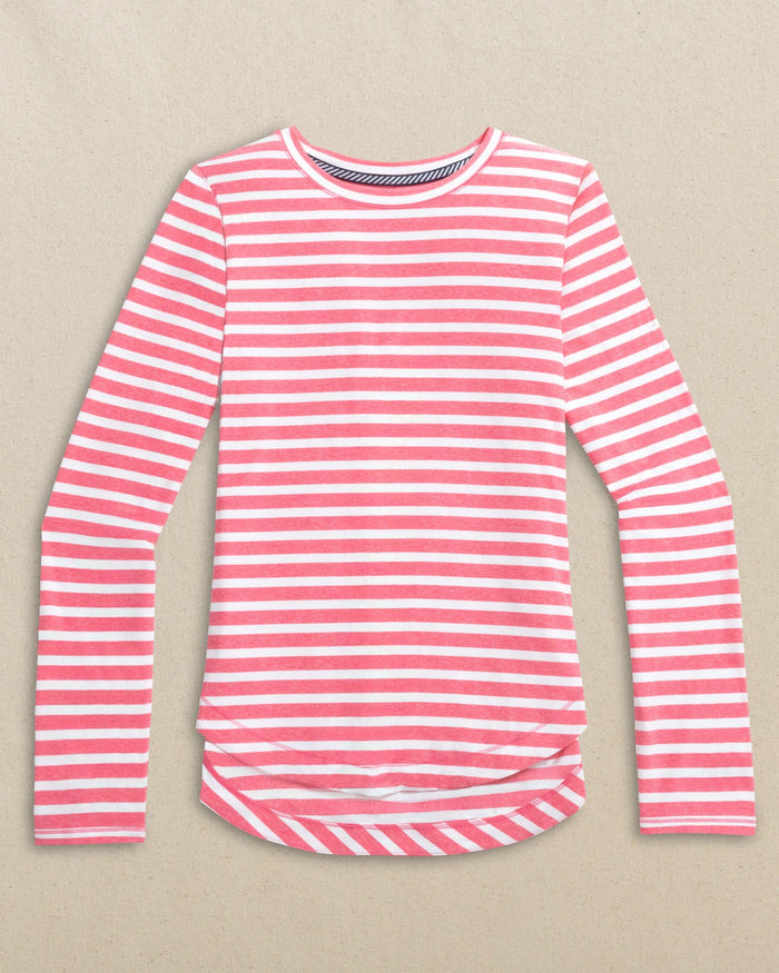 The front view of the Southern Tide Linley Stripe Coastal Breeze® Performance Crew by Southern Tide - Island Pink