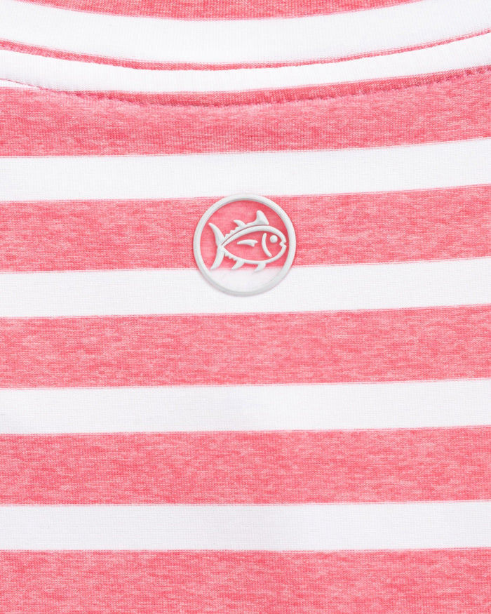 The detail view of the Southern Tide Linley Stripe Coastal Breeze® Performance Crew by Southern Tide - Island Pink