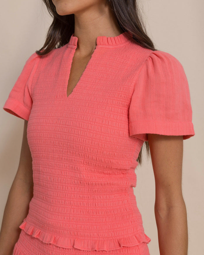 The detail view of the Southern Tide Lola Smocked Bodice Top by Southern Tide - Coral Beach