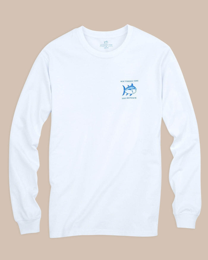 The front view of the Men's White Long Sleeve Original Skipjack T-shirt by Southern Tide - Classic White