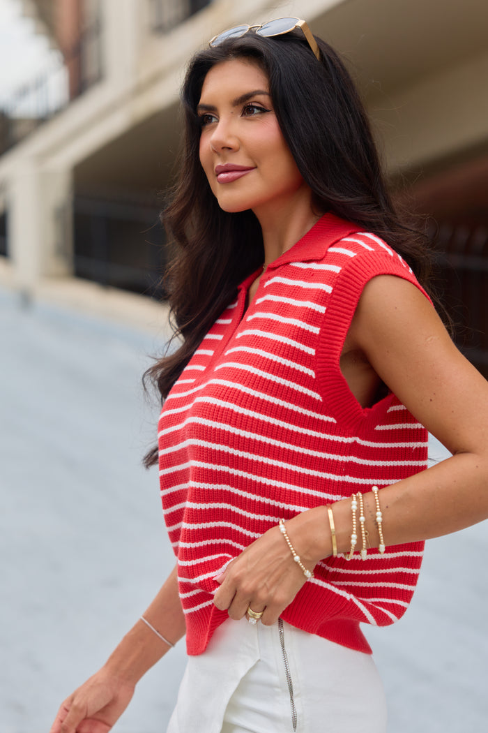 Look Up To You Collared Striped Short Sleeve Sweater Red