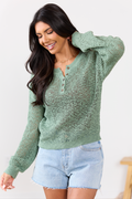 Lotus Long Sleeve Sage Open Knit Henley Sweater FINAL SALE