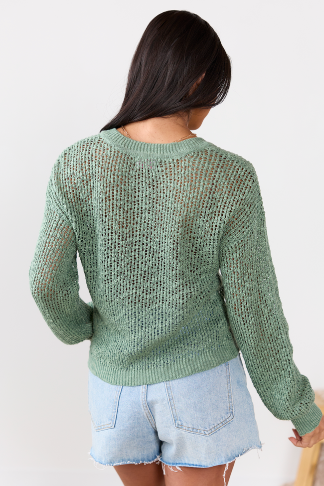 Lotus Long Sleeve Sage Open Knit Henley Sweater FINAL SALE