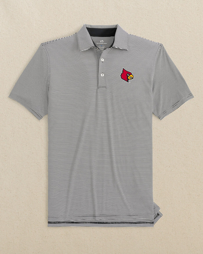 The front view of the Southern Tide Louisville Cardinals brrr°®-eeze Meadowbrook Stripe Polo by Southern Tide - Caviar Black