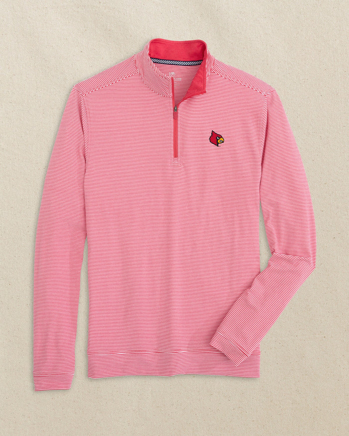 The front view of the Southern Tide Louisville Cardinals Cruiser Micro-Stripe Quarter Zip by Southern Tide - Heather Varsity Red