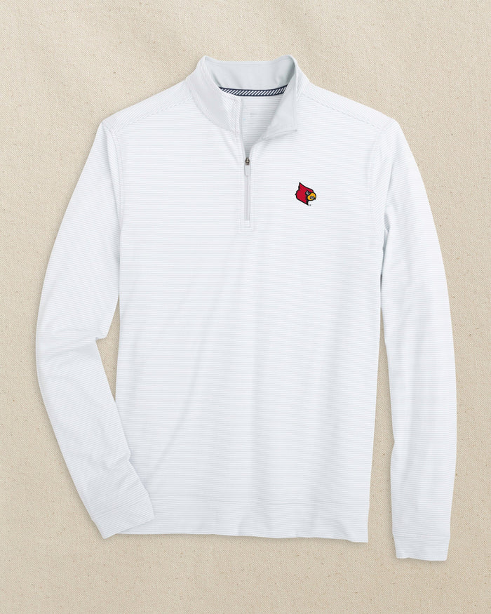 The front view of the Southern Tide Louisville Cardinals Cruiser Micro-Stripe Quarter Zip by Southern Tide - Heather Slate Grey