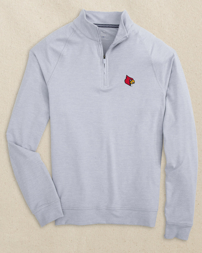 The front view of the Southern Tide Louisville Cardinals Cruiser Quarter Zip by Southern Tide - Heather Slate Grey