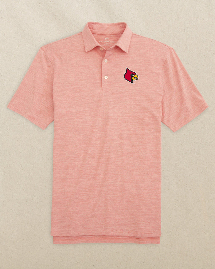 The front view of the Southern Tide Louisville Cardinals Driver Spacedye Polo by Southern Tide - Varsity Red