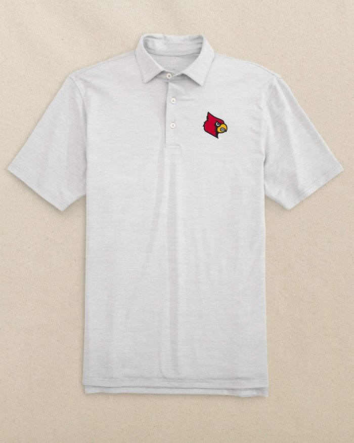 The front view of the Southern Tide Louisville Cardinals Driver Spacedye Polo by Southern Tide - Slate Grey