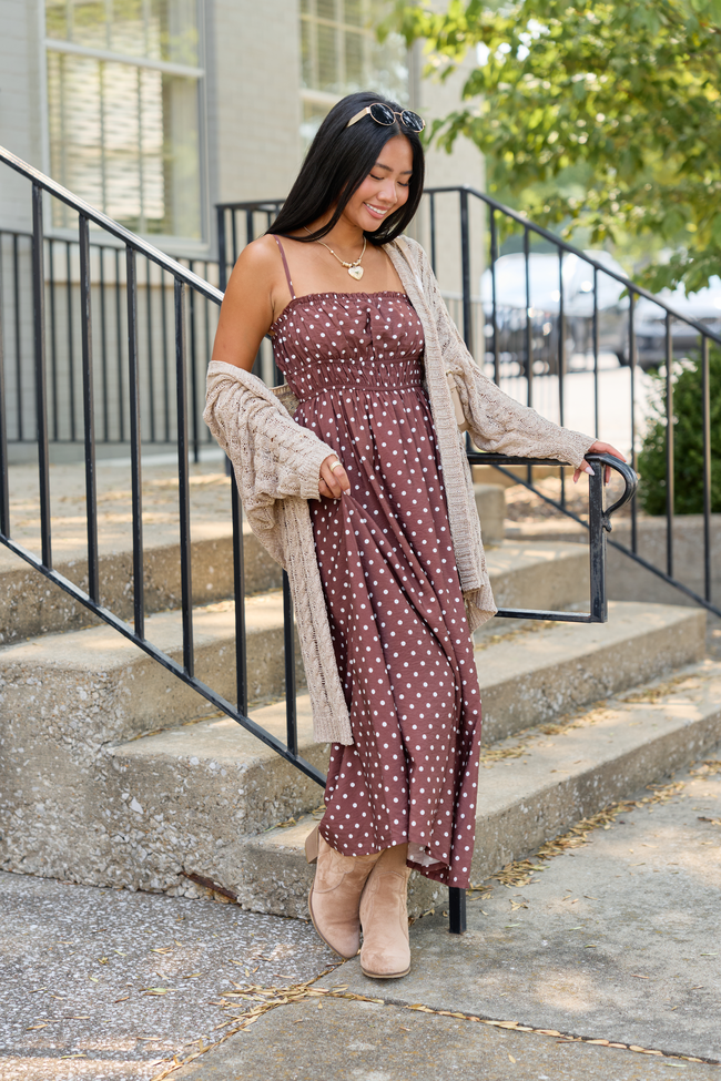 Lovingly Yours Polka Dot Midi Dress Brown