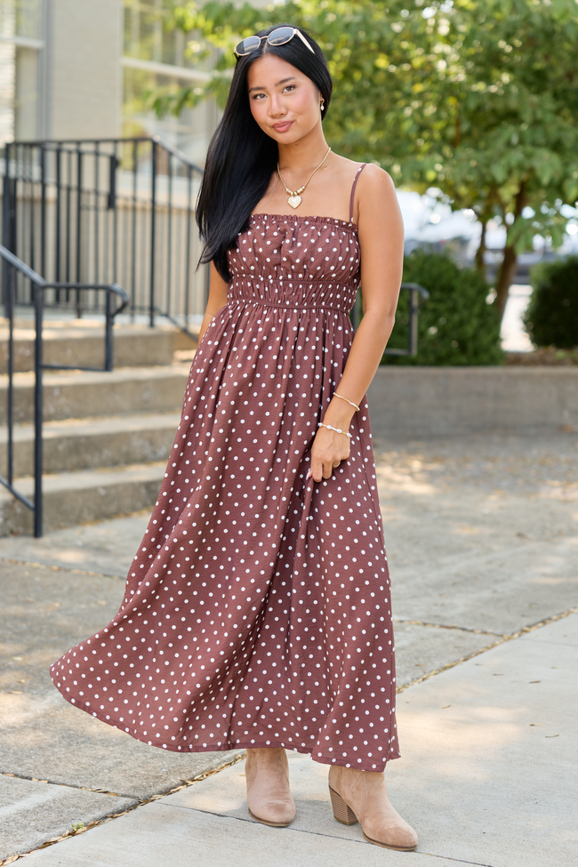 Lovingly Yours Polka Dot Midi Dress Brown