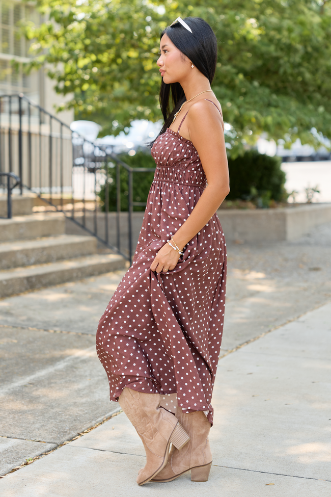 Lovingly Yours Polka Dot Midi Dress Brown