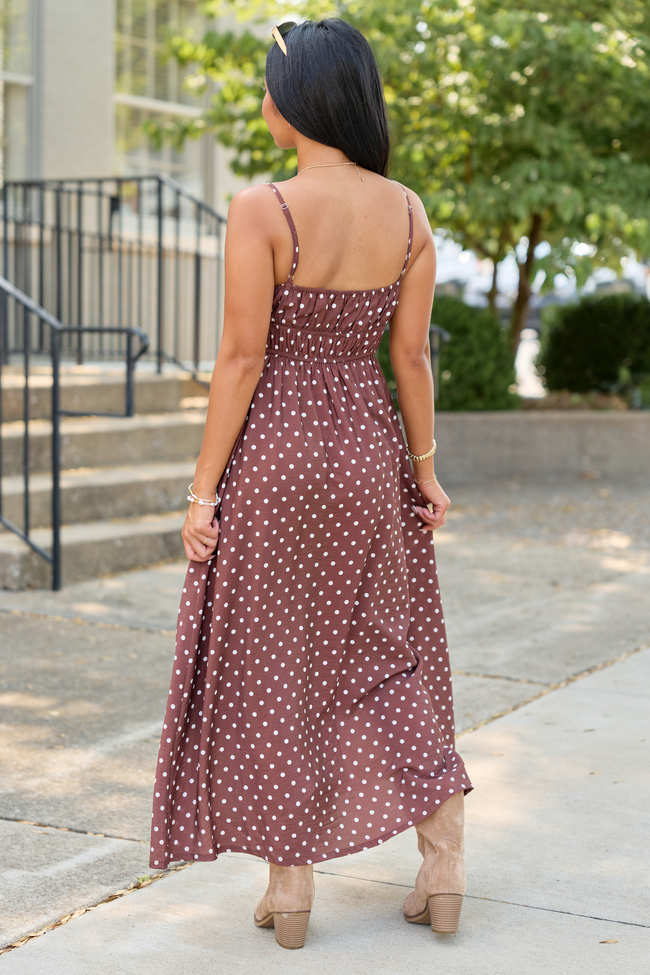 Lovingly Yours Polka Dot Midi Dress Brown