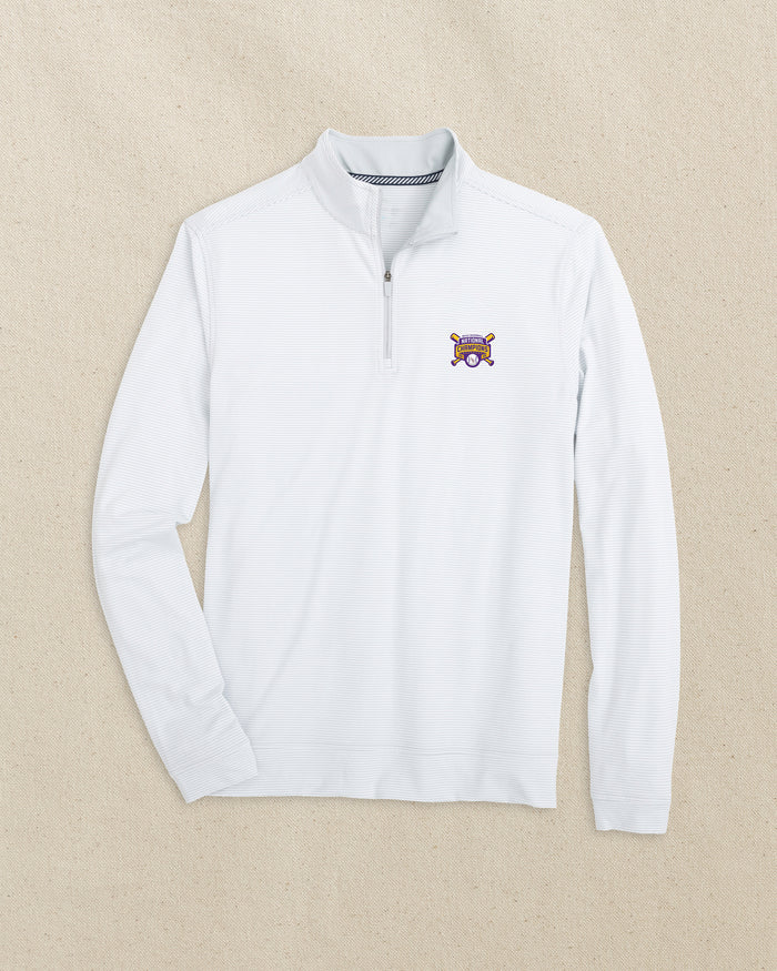 The front view of the Southern Tide LSU 2025 Baseball National Champions Cruiser Quarter Zip by Southern Tide - Heather Slate Grey