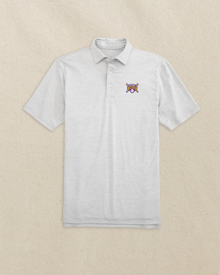 The front view of the Southern Tide LSU 2025 Baseball National Champions Driver Spacedye Polo by Southern Tide - Slate Grey