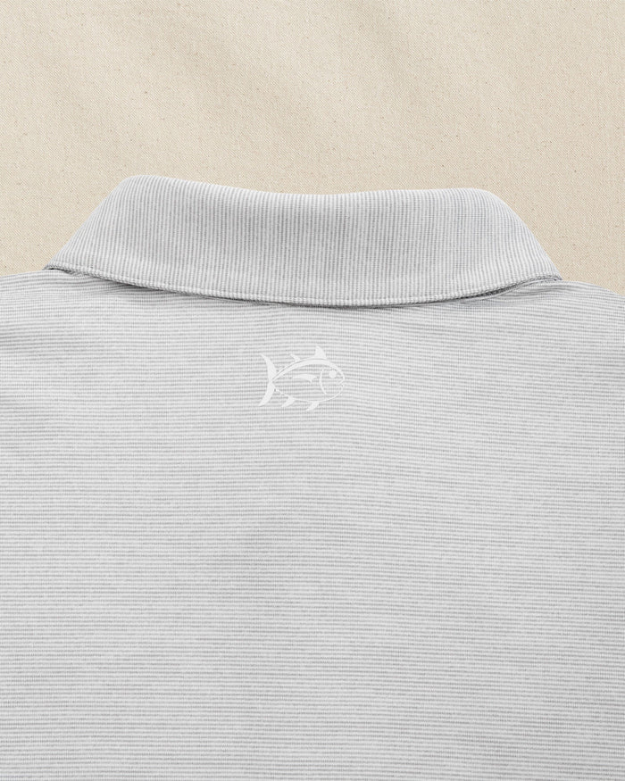 The detail view of the Southern Tide LSU 2025 Baseball National Champions Driver Spacedye Polo by Southern Tide - Slate Grey
