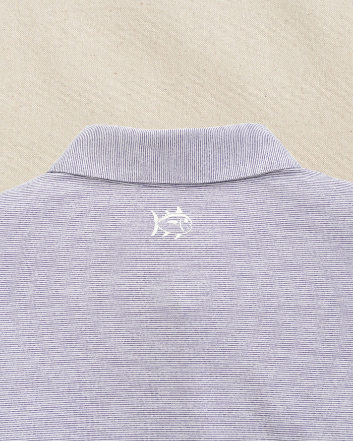 The detail view of the Southern Tide LSU 2025 Baseball National Champions Driver Spacedye Polo by Southern Tide - Regal Purple
