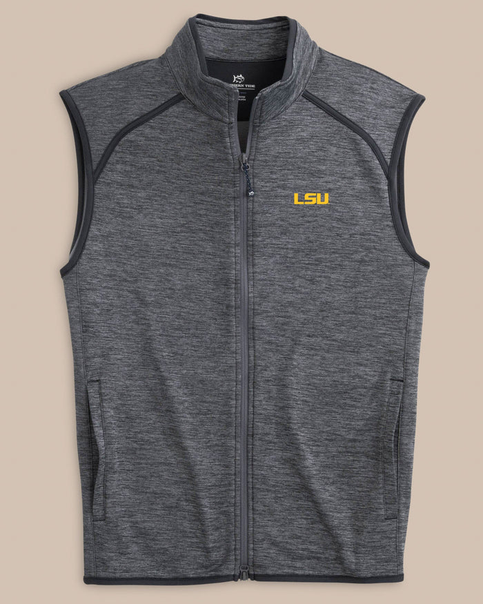 The front view of the Southern Tide LSU Tigers Baybrook Heather Vest by Southern Tide - Heather Black