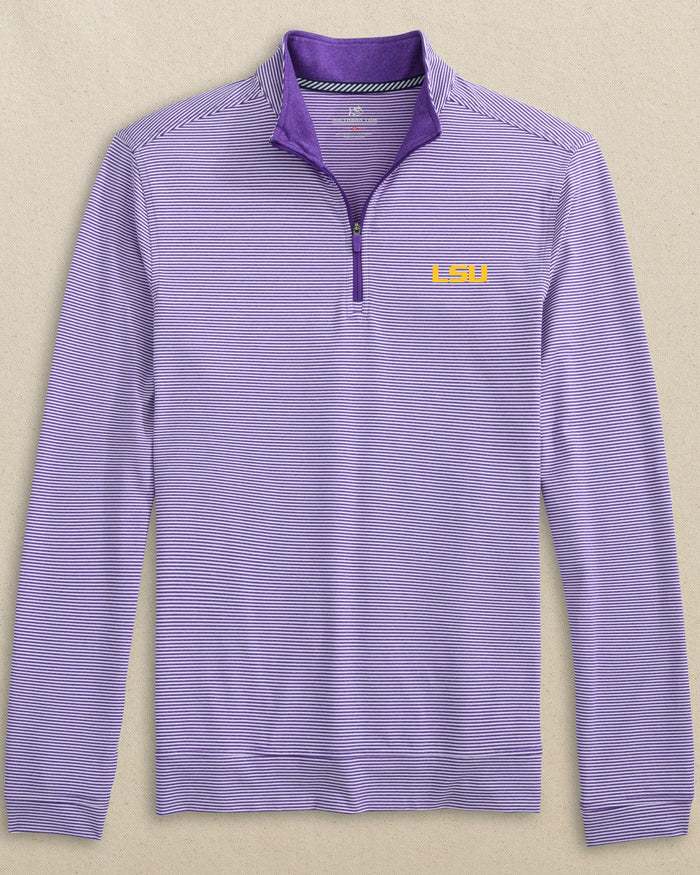 The front view of the LSU Tigers Cruiser Micro-Stripe Heather Quarter Zip by Southern Tide - Heather Regal Purple