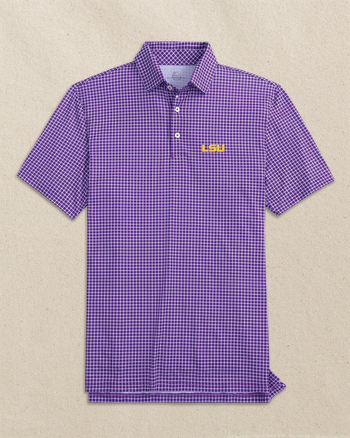 The front view of the Southern Tide LSU Tigers Driver Dunes Edge Plaid Polo by Southern Tide - Regal Purple
