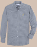 The front view of the LSU Tigers Gingham Button Down Shirt by Southern Tide - Navy