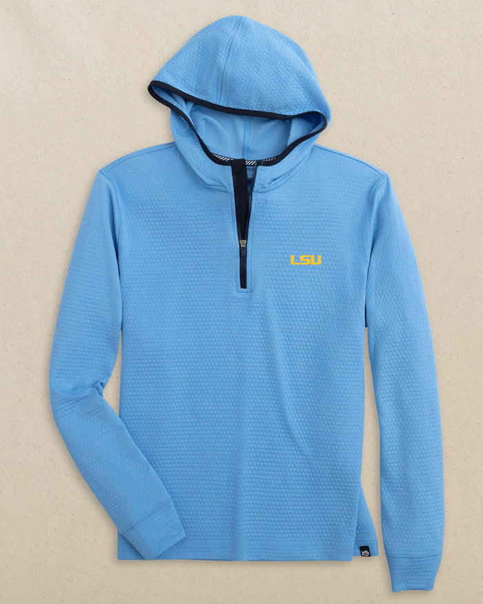 The front view of the LSU Tigers Scuttle Heather Performance Quarter Zip Hoodie by Southern Tide - Heather Boat Blue