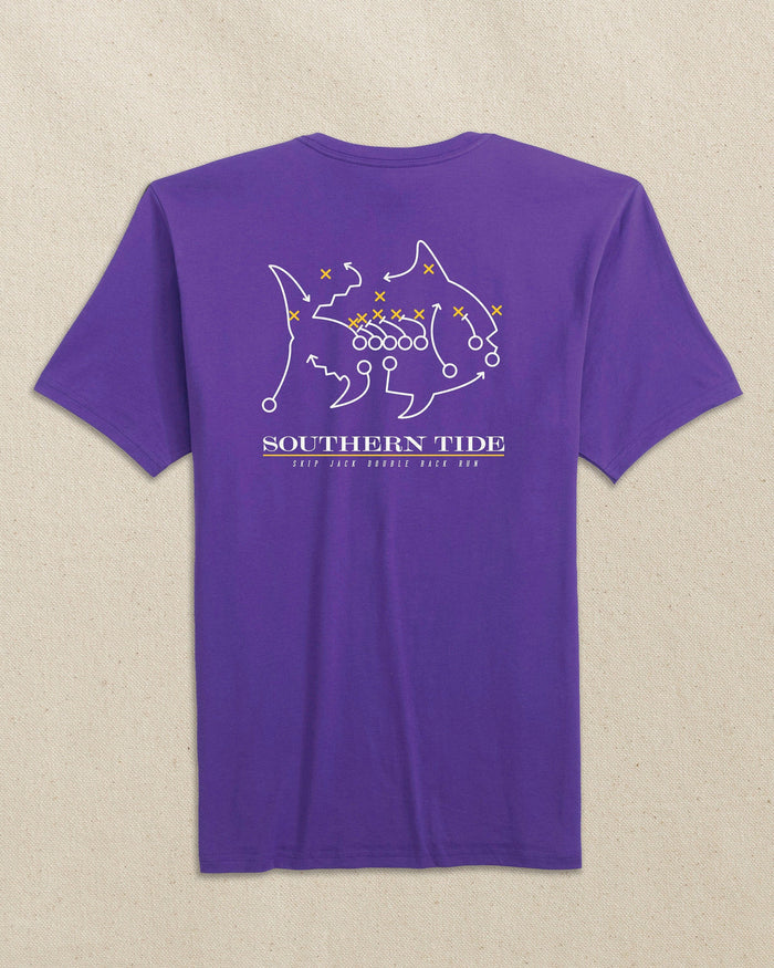 The back view of the Southern Tide LSU Tigers Skipjack Play Short Sleeve T-Shirt by Southern Tide - Regal Purple and Yellow
