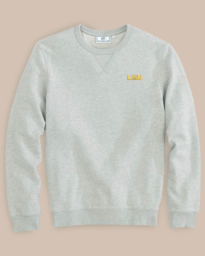 The front view of the Southern Tide LSU Tigers Upper Deck Pullover Sweatshirt by Southern Tide - Heather Slate Grey