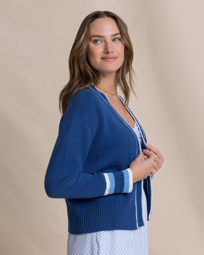 The side view of the Southern Tide Lucille Cardigan Sweater by Southern Tide - Nautical Blue
