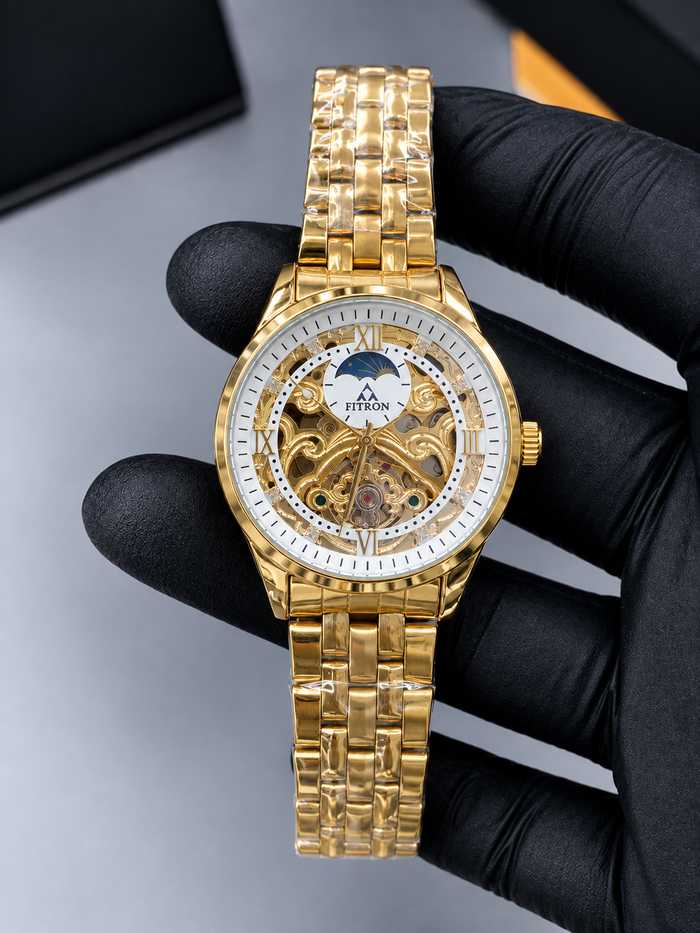 Luxury Automatic Skeleton Mechanical Watch for Men – Gold & White Dial Stainless Steel