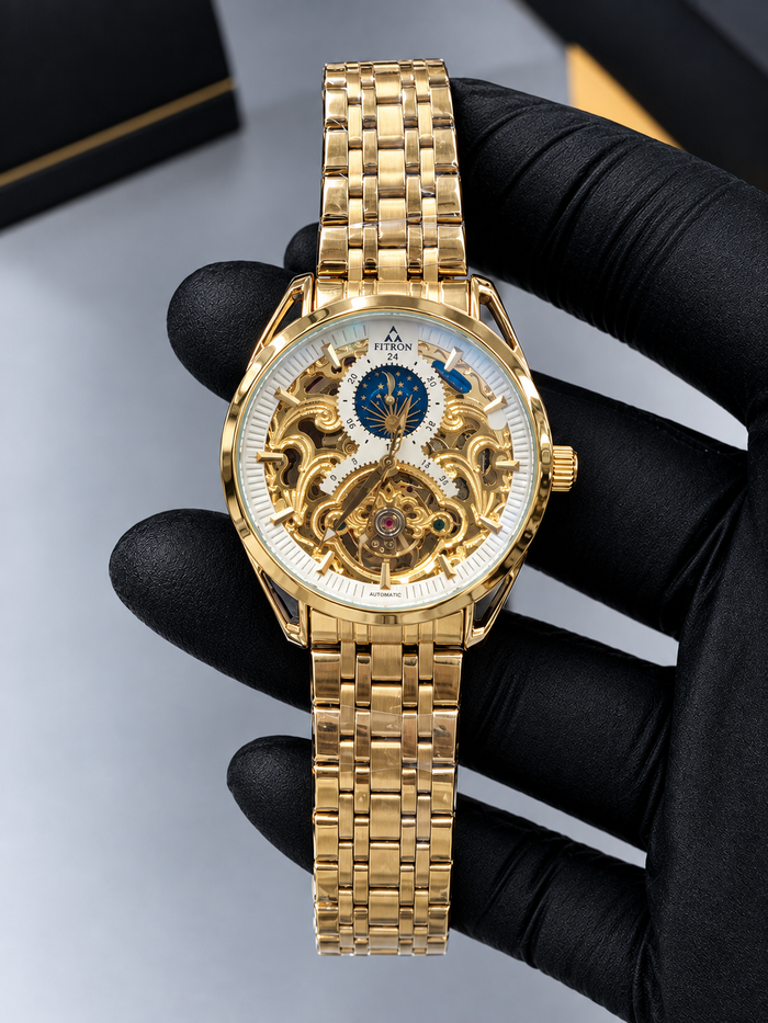 Luxury Automatic Skeleton Mechanical Watch for Men – Gold & White Dial  Stainless Steel