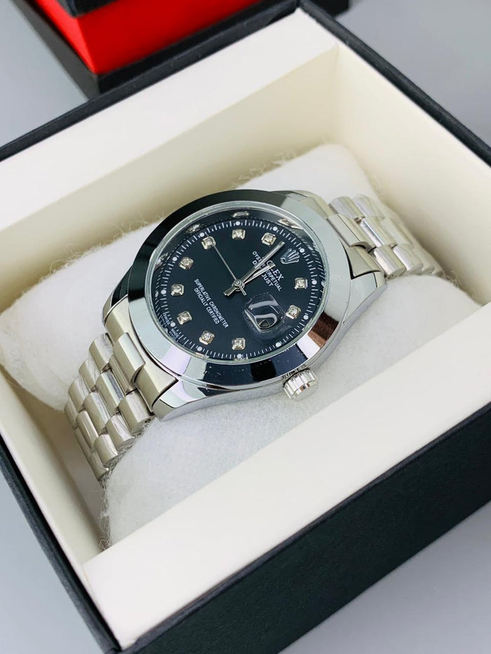 Luxury Full Silver Black dial Men's Watch | Premium Stainless Steel Wrist Watch with Date & Time Display